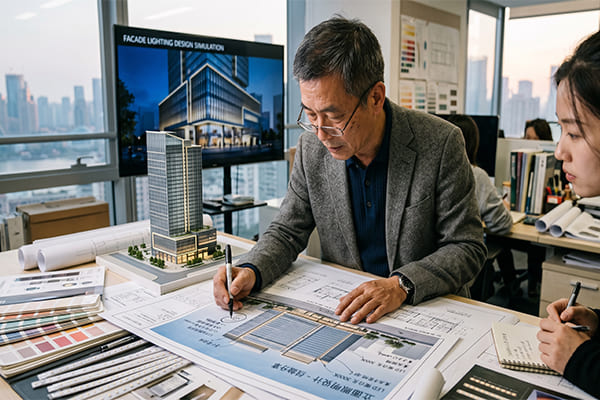 An experienced lighting designer reviewing building plans